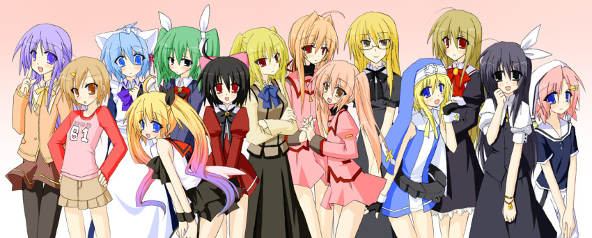 00s, 6+boys, animal_ears, arc_system_works, bridget_(guilty_gear), chitose_(rionoil), crossdressing, crossdressing_(mtf), crossover, gradient_background, guilty_gear, habit, happiness!, highres, maid, male_focus, male_maid, maria_holic, multiple_boys, original, pantyhose, rionoil, school_uniform, shidou_mariya, trap, watarase_jun