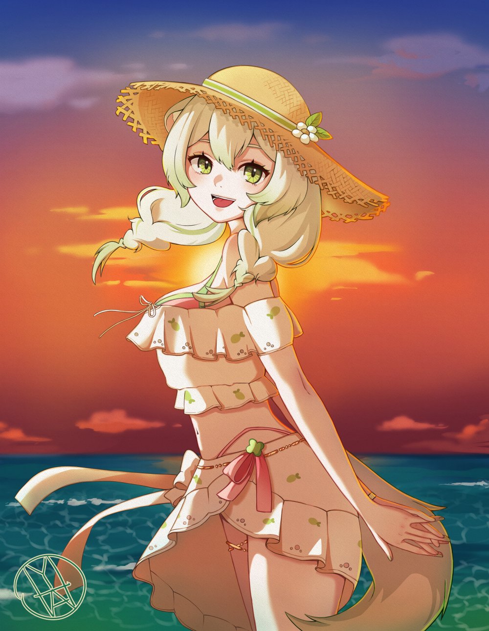 1girl, animal_ears, bikini, braid, breasts, crop_top, dress, ferret