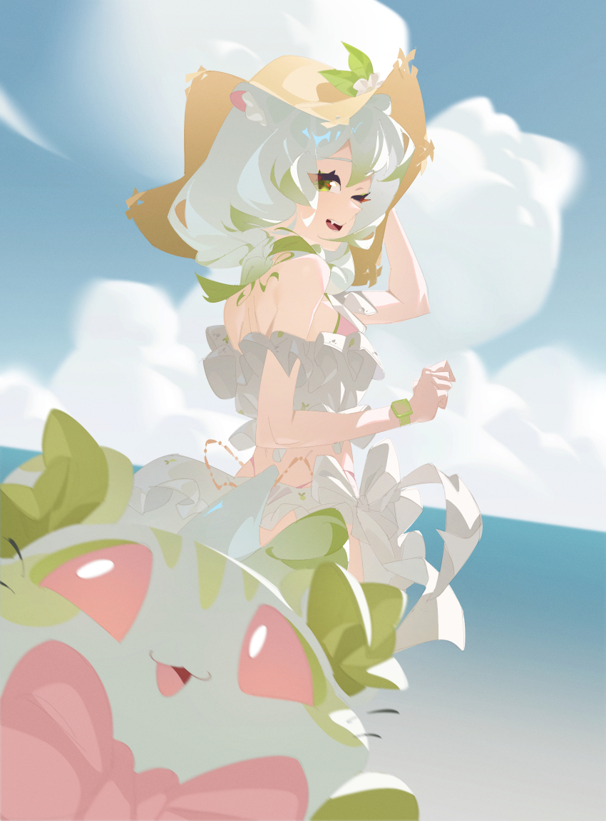 1girl, animal_ears, beach, bikini, blocking, bow, bowtie, breasts