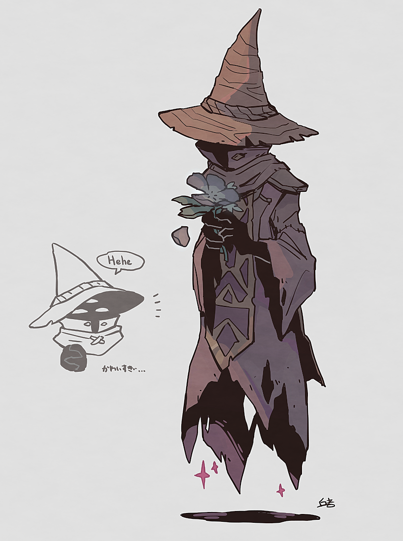 1girl, brown_coat, brown_hat, coat, english_text, etna_(lunacid), faceless, falling_petals, flower, full_body, ghost, grey_background, hat, holding, holding_flower, lunacid, okajamira, petals, shadow, speech_bubble, third_eye, translation_request, wide_sleeves, witch_hat