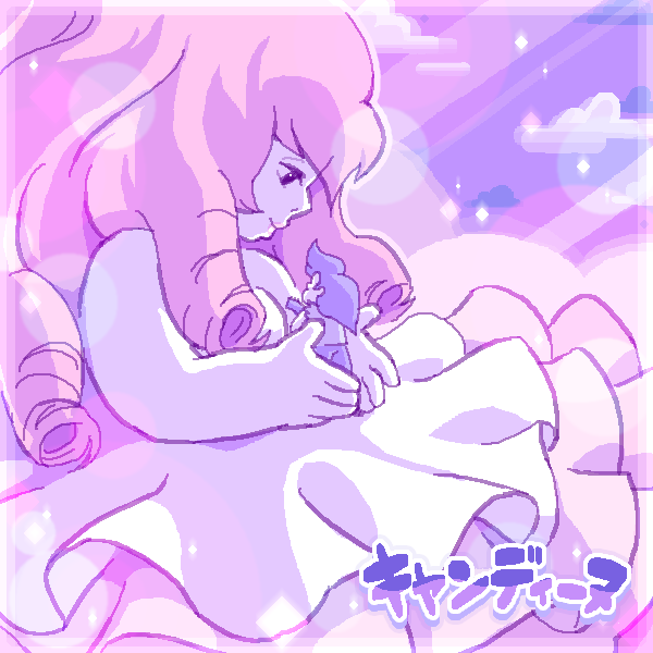 1boy, 1girl, bare_shoulders, cloud, cloudy_sky, curly_hair, dokur01, dress