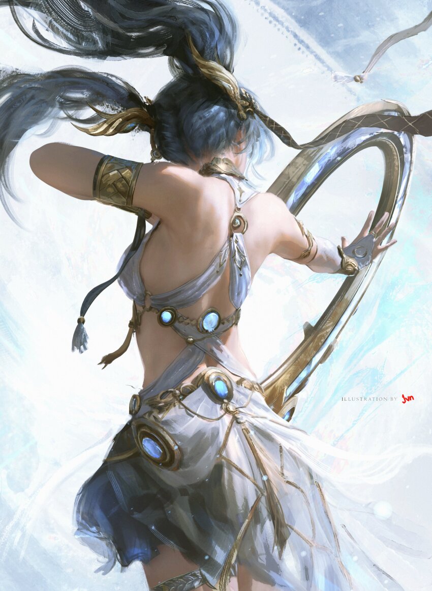 1girl, absurdres, ancient_greek_clothes, armlet, artist_name, back, bare_shoulders, blue_hair