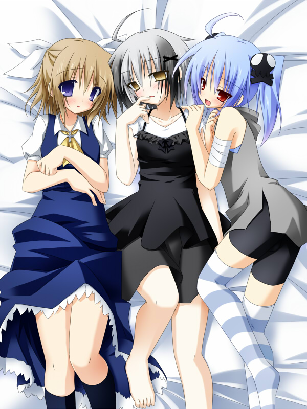 3boys, ahoge, bandages, barefoot, bed, bike_shorts, blue_eyes, blue_hair