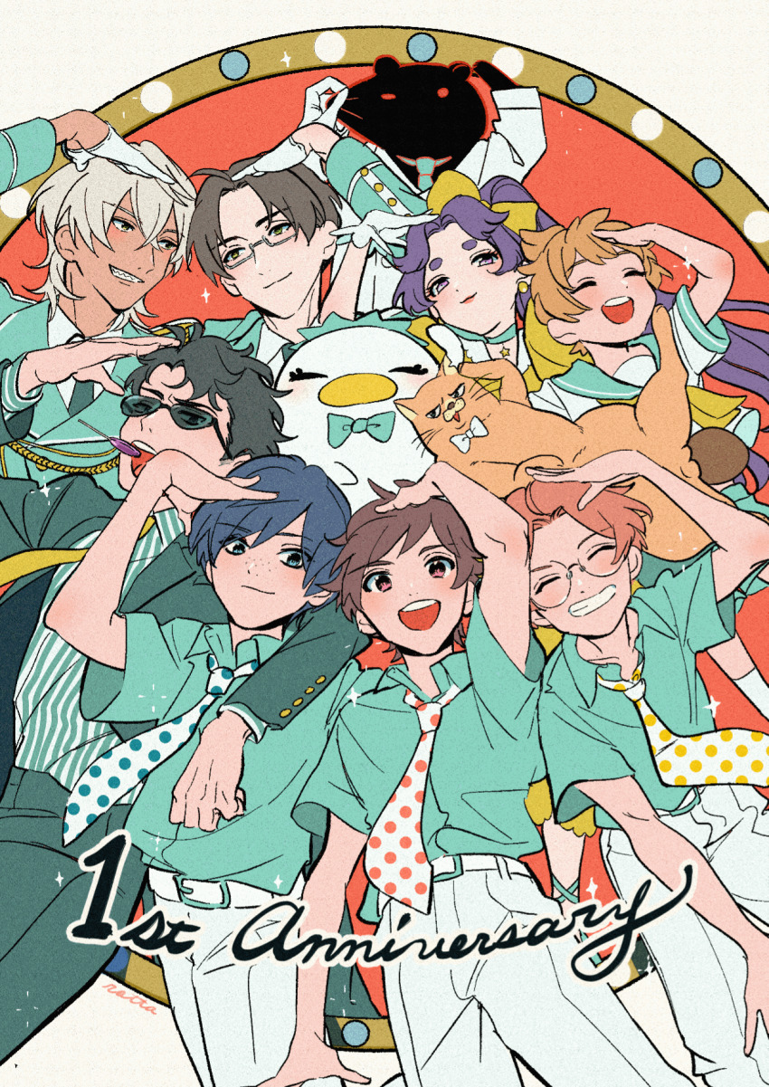 1girl, 6+boys, akutsu_mabu, anniversary, azuma_sara, belt, black_hair, blue_hair