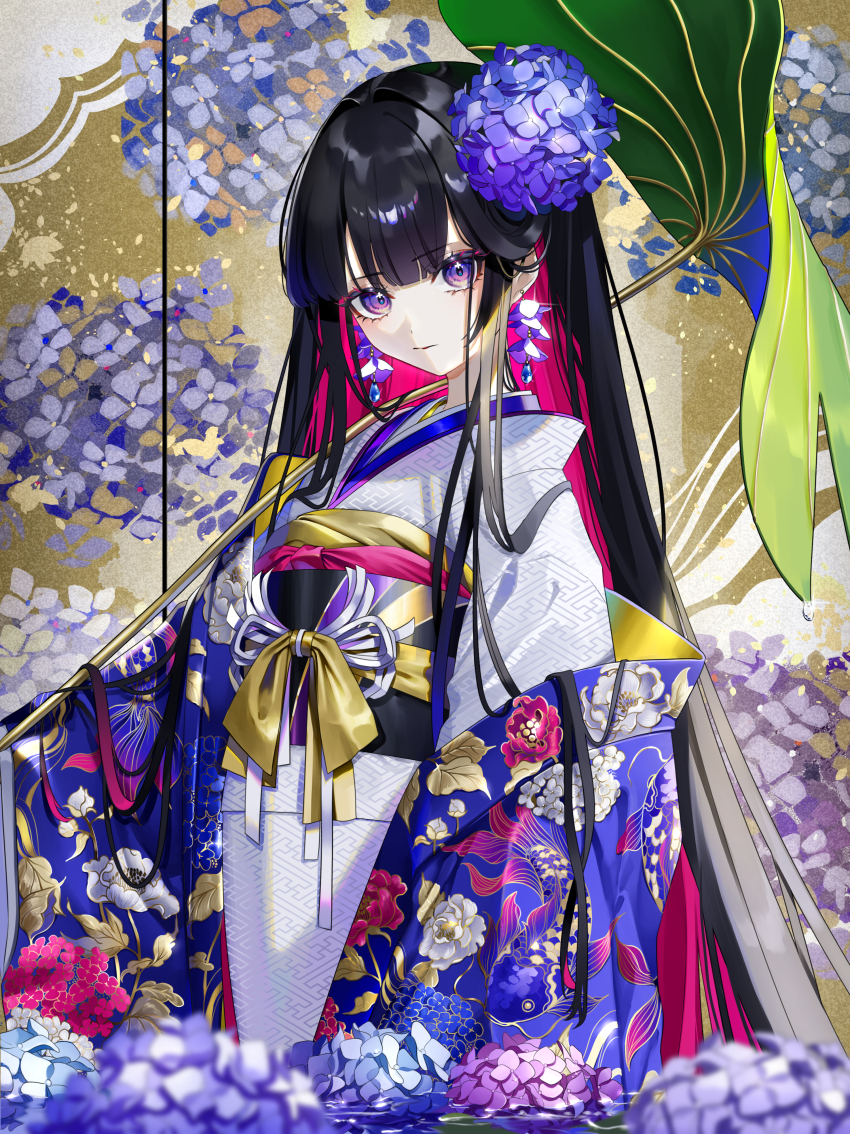 1girl, absurdres, black_hair, black_sash, blue_flower, colored_inner_hair, commentary, earrings