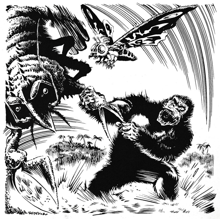 antennae, ape, bug, butterfly, claws, compound_eyes, crossover, ebirah, fangs, flying, giant, giant_monster, godzilla_(series), godzilla_vs._the_sea_monster, gorilla, hariken_ryu, highres, insect, kaiju, king_kong, king_kong_(series), lobster, mandibles, monochrome, monster, moth, mothra, motion_lines, no_humans, operation_robinson_crusoe:_king_kong_vs._ebirah, palm_tree, pincers, rankin/bass_animated_entertainment, saliva, saliva_trail, sharp_teeth, shrimp, splashing, tail, teeth, toho, tree, unmade_project, water, wings