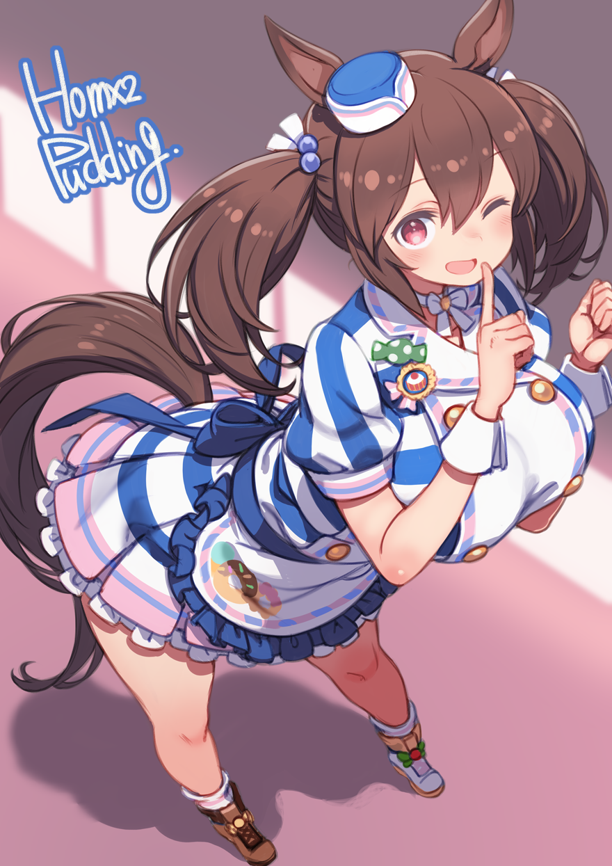 1girl, animal_ears, apron, artist_name, breasts, brown_hair, commentary_request, highres