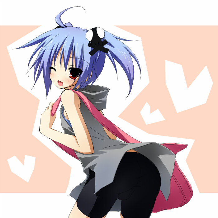 1boy, ass, bag, bike_shorts, blue_hair, child, handbag, kurobuchi_aqua, male_focus, original, red_eyes, rionoil, short_twintails, shorts, skull, skull_and_crossbones, solo, trap, twintails, wink