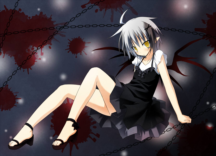 1boy, ahoge, black_dress, blood, bob_cut, chain, dress, feet