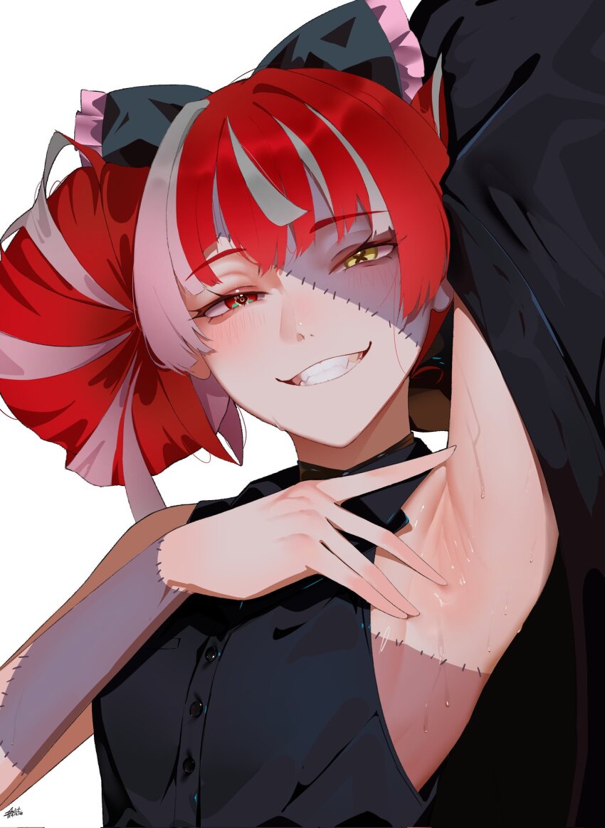 1girl, aou13093, arm_up, armpit_focus, armpits, bare_shoulders, black_jacket, black_shirt