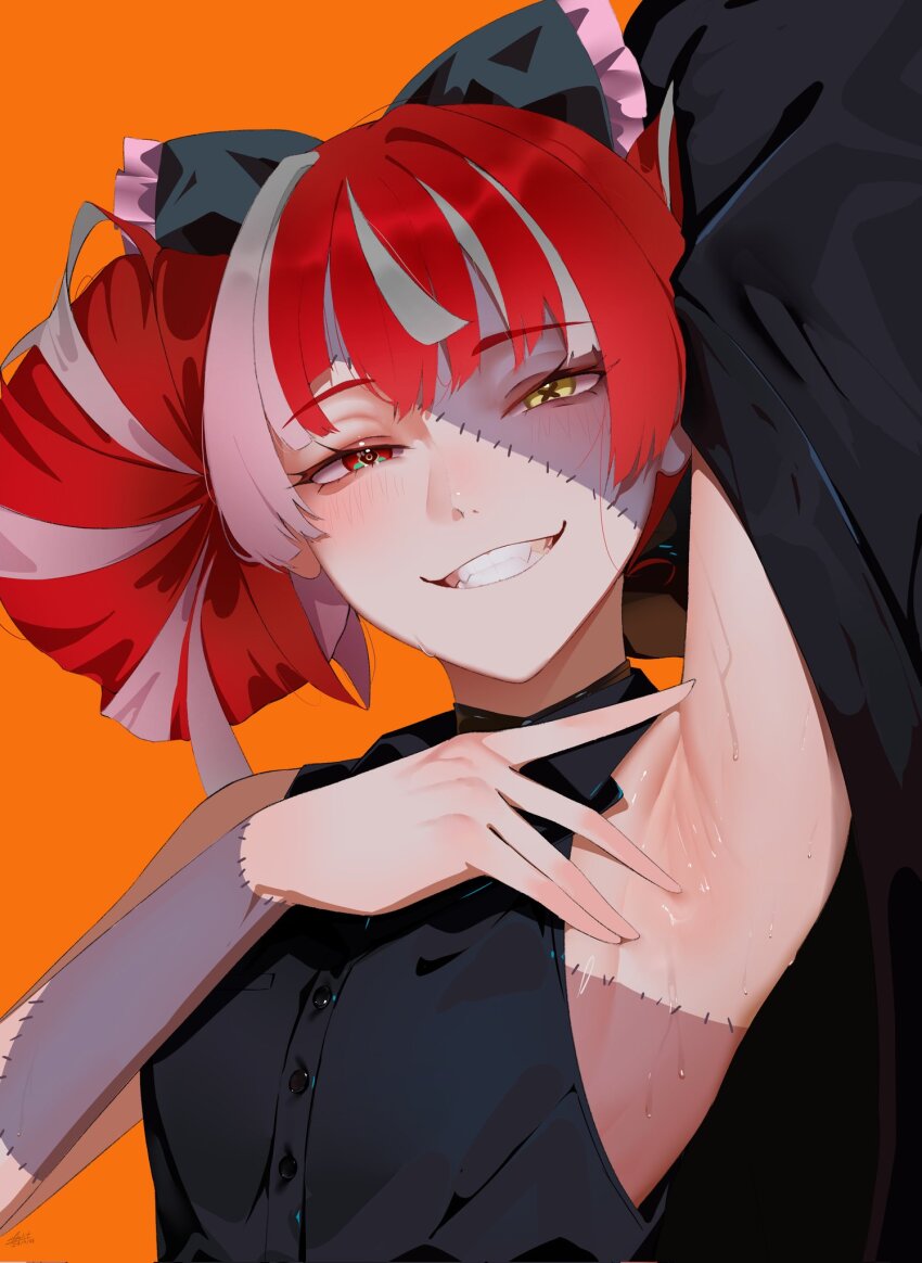 1girl, aou13093, arm_up, armpit_focus, armpits, bare_shoulders, black_jacket, black_shirt, blush, bow, colored_skin, commentary, commission, corrupted_twitter_file, dated, double_bun, english_commentary, flat_chest, grey_hair, grey_skin, grin, hair_bow, hair_bun, heterochromia, highres, hololive, hololive_indonesia, jacket, kureiji_ollie, long_hair, looking_at_viewer, multicolored_hair, multicolored_skin, orange_background, patchwork_skin, presenting_armpit, red_eyes, red_hair, second-party_source, shirt, signature, simple_background, sleeveless, sleeveless_shirt, smile, solo, spread_armpit, stitched_arm, stitched_face, stitched_torso, stitches, sweat, symbol-shaped_pupils, two-tone_skin, upper_body, virtual_youtuber, x-shaped_pupils, yellow_eyes, zombie