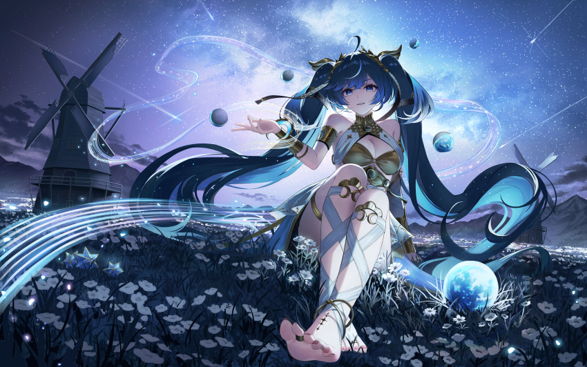 1girl, absurdres, ahoge, armlet, azipou, bare_shoulders, barefoot, blue_eyes