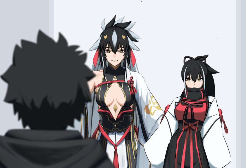 1boy, 2girls, armor, bare_shoulders, black_gloves, black_hair, black_shirt, black_skirt