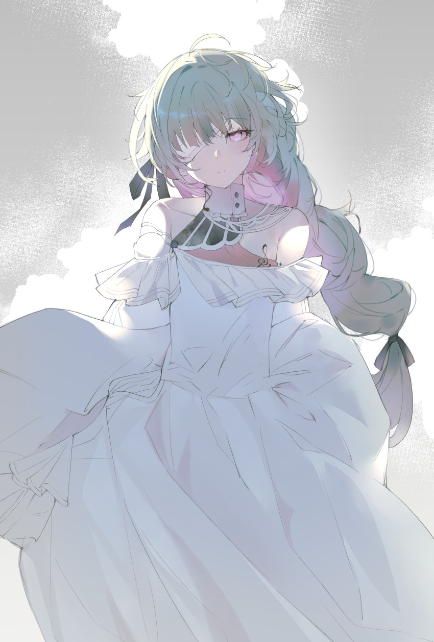 1girl, absurdres, bandage_over_one_eye, bare_shoulders, black_ribbon, braid, closed_mouth, commentary