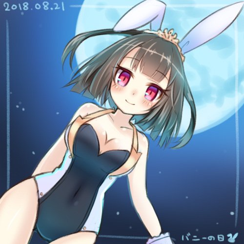 1girl, alternate_costume, android, animal_ear_hairband, animal_ears, black_hair, black_leotard, breasts, bunny_day, cleavage, dated, emil_chronicle_online, fake_animal_ears, hairband, kaguya_(eco), large_breasts, leotard, looking_at_viewer, lowres, moon_background, multicolored_leotard, night, rabbit_ear_hairband, rabbit_ears, red_eyes, ruki_aiuchi, sky, smile, solo, tiara, two-tone_leotard, white_leotard