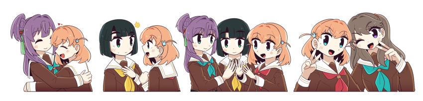 4girls, :d, ^_^, aqua_eyes, aqua_neckerchief, black_hair, blunt_bangs, blunt_ends