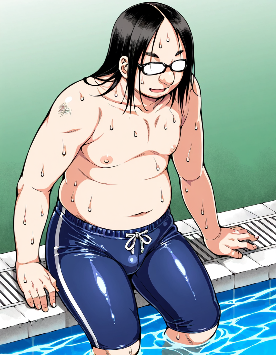 1boy, fat, fat_man, glasses, kagome_no_inyoku, male_focus, male_swimwear, non-web_source, poolside, sitting, ugly_bastard