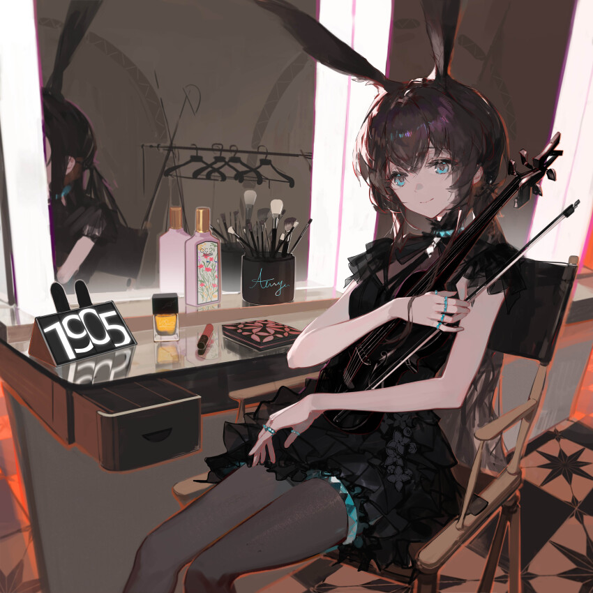 1girl, absurdres, amiya_(arknights), animal_ears, arknights, black_dress, black_pantyhose, blue_collar