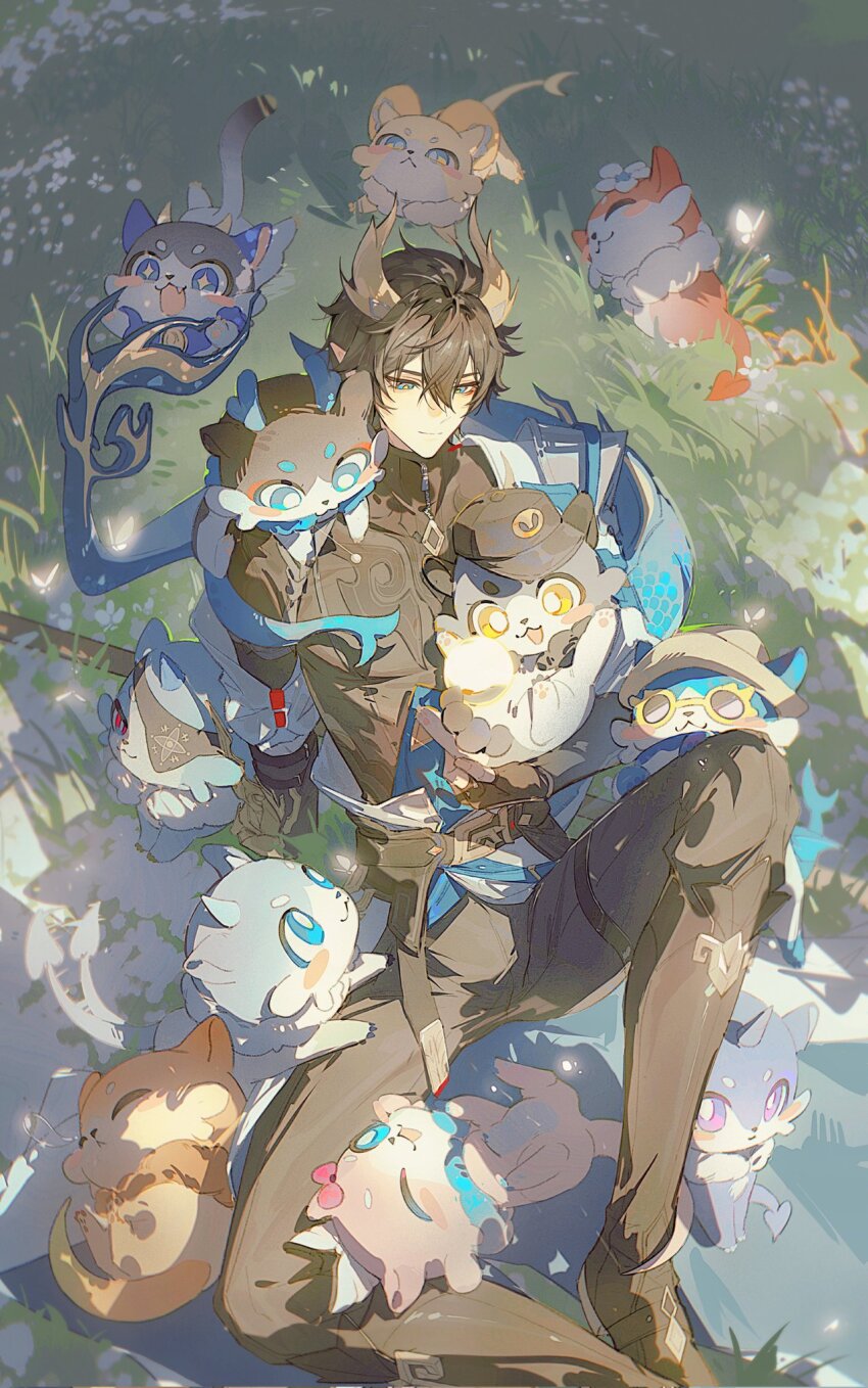 1boy, aglaea_(honkai:_star_rail), aglaea_(oatmeal)_(honkai:_star_rail), anaxa_(honkai:_star_rail), anaxa_(nanus)_(honkai:_star_rail), aoma_(xuanzexuexi), black_hair, black_shirt