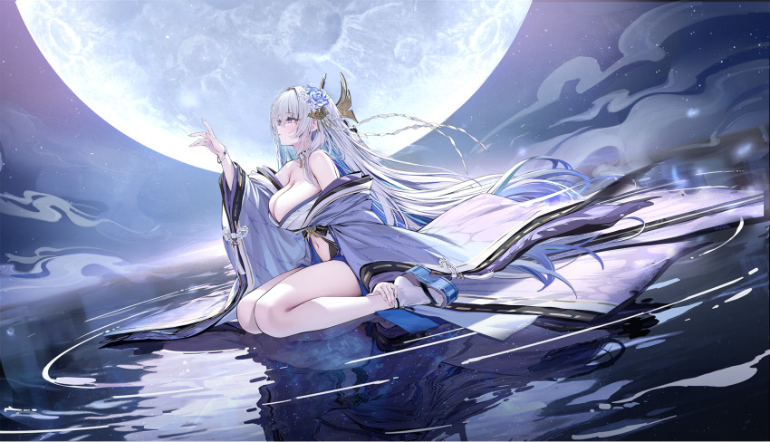 1girl, artist_request, azur_lane, bare_shoulders, blue_butterfly, blue_eyes, blue_kimono, breasts