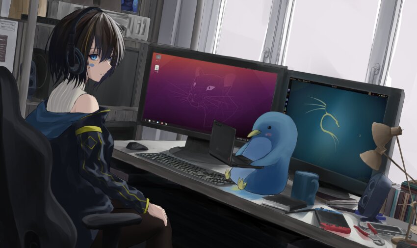 1girl, black_hair, black_jacket, blue_eyes, book, commentary, computer_keyboard, computer_mouse