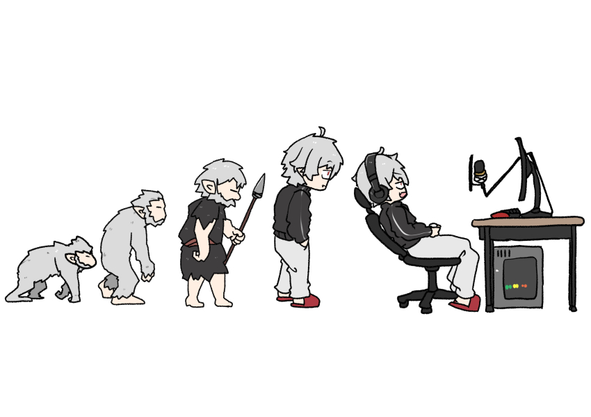 5boys, ahoge, all_fours, ape, barefoot, black_jacket, body_fur, caveman