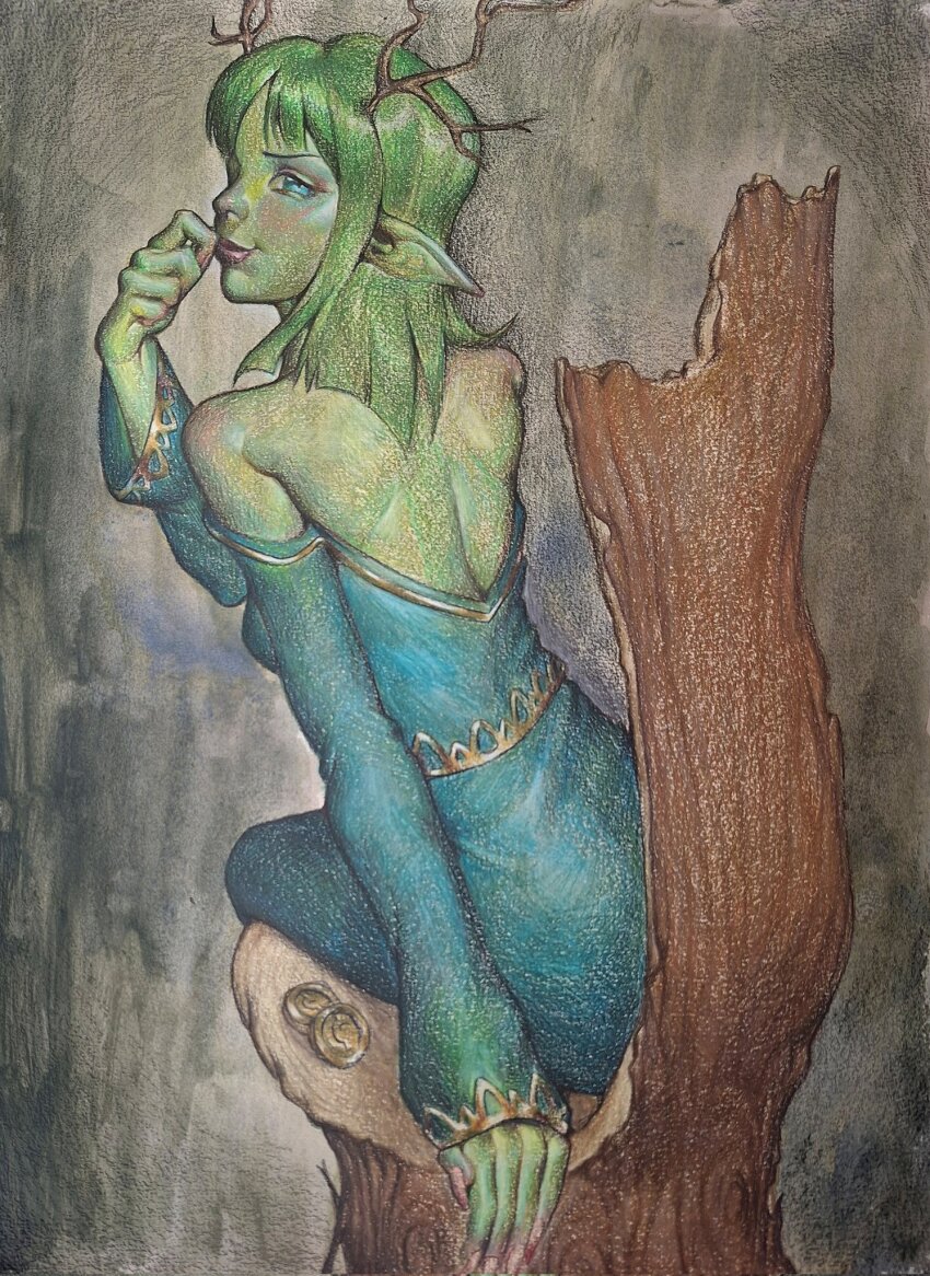 1girl, antlers, armpit_crease, bare_shoulders, breasts, chair, closed_mouth, coin, colored_skin, commentary, deer_antlers, dress, english_commentary, feet_out_of_frame, from_behind, green_dress, green_eyes, green_hair, green_skin, hand_to_own_mouth, highres, horns, kaeliosis, lips, long_sleeves, looking_at_viewer, looking_back, lunacid, medium_hair, nose, on_chair, original, patchouli_(lunacid), pointy_ears, red_nails, sitting, small_breasts, smile, solo, traditional_media