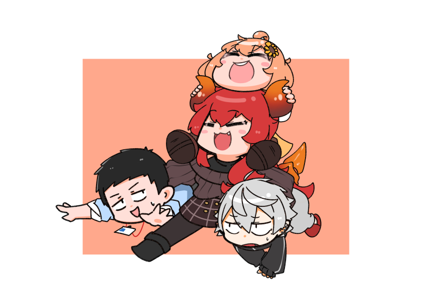 2boys, 2girls, ahoge, black_jacket, black_shirt, blue_shirt, blush_stickers, buttons