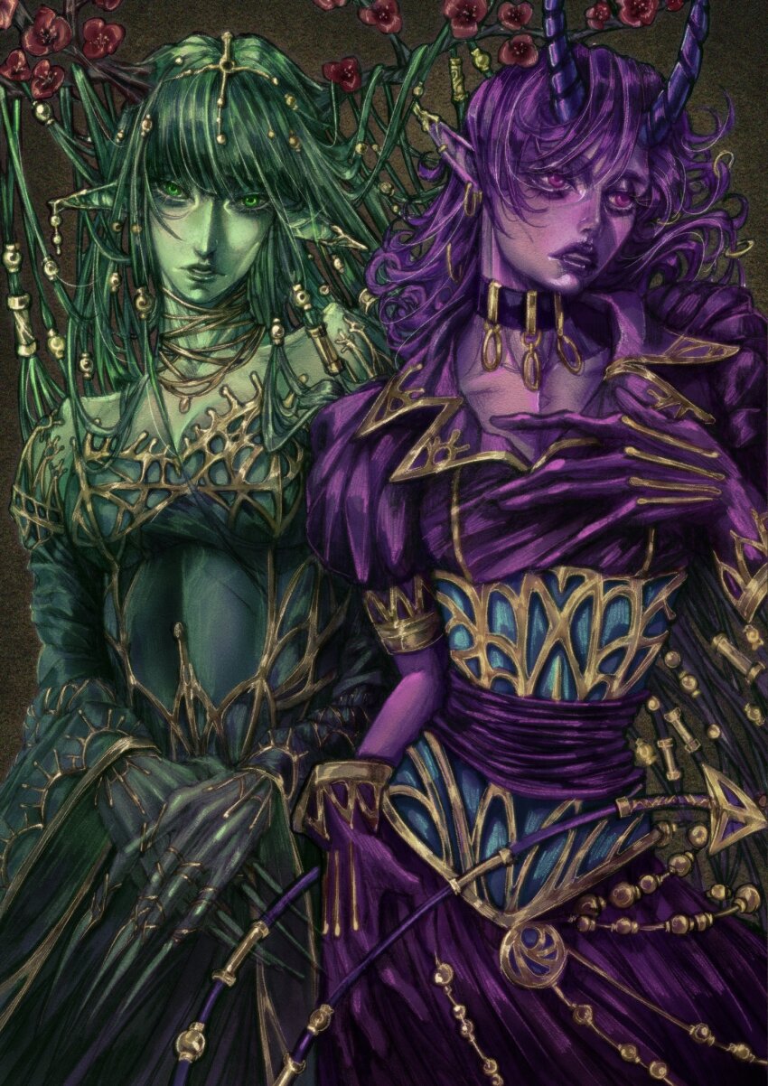 2girls, antlers, bare_shoulders, choker, collarbone, colored_skin, commentary, cowboy_shot