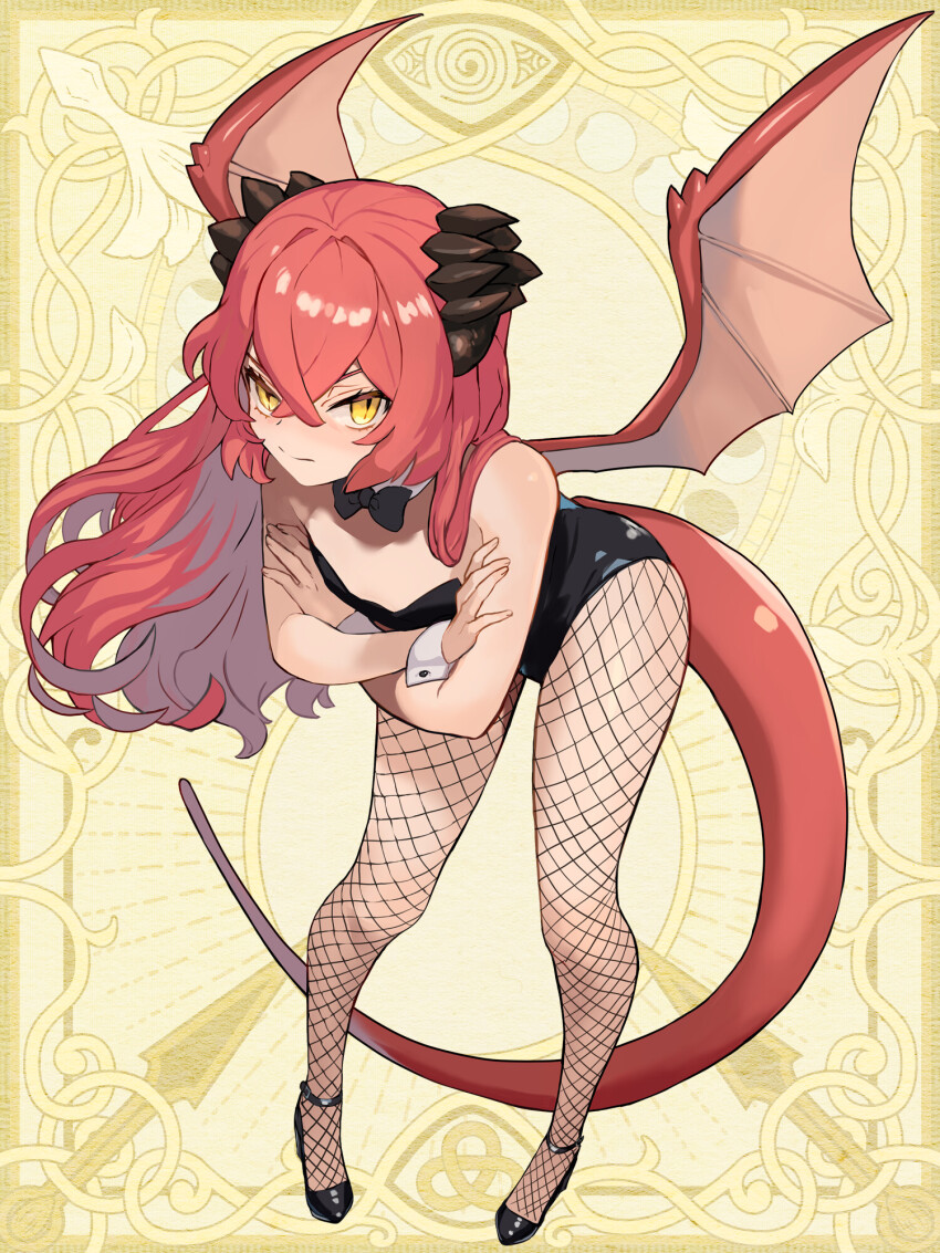 1girl, black_bow, black_bowtie, black_leotard, black_shoes, bow, bowtie, breasts