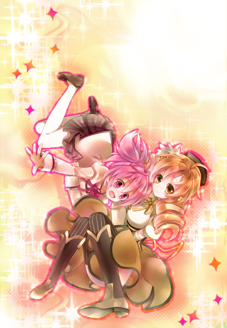 10s, 2girls, bad_id, bad_pixiv_id, beret, blonde_hair, boots, drill_hair, eruria, falling, hat, kaname_madoka, magical_girl, mahou_shoujo_madoka_magica, mahou_shoujo_madoka_magica_(anime), multiple_girls, outstretched_arm, outstretched_hand, pink_eyes, pink_hair, school_uniform, short_hair, sparkle, thighhighs, tomoe_mami, tomoe_mami_(magical_girl), twin_drills, twintails, white_legwear, yellow_eyes