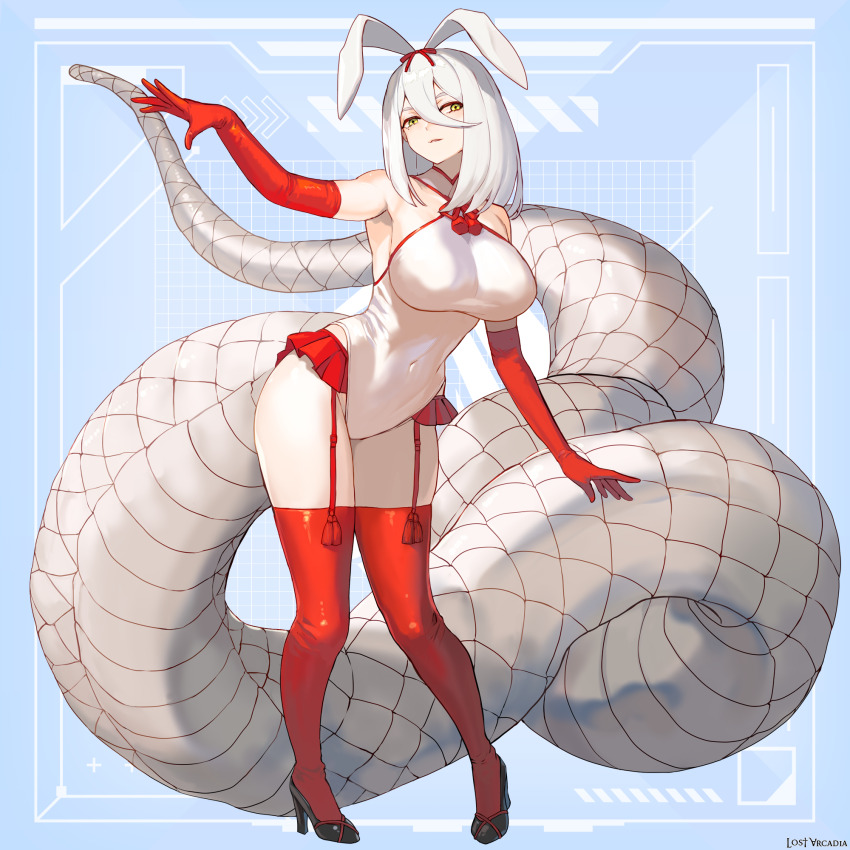 1girl, animal_ears, armpits, black_shoes, blue_background, breasts, character_request, commentary