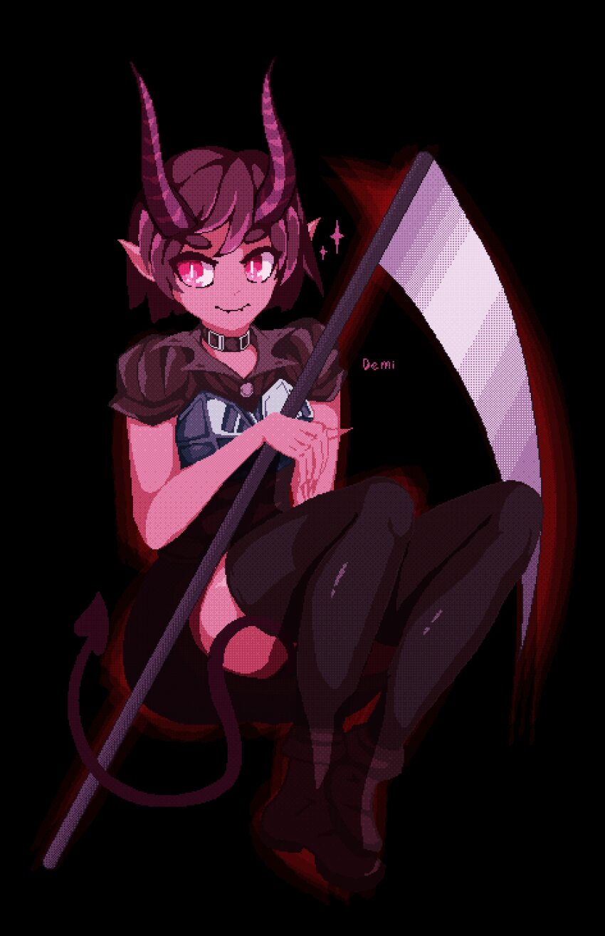 1girl, absurdres, armor, black_background, black_boots, black_choker, black_thighhighs, boots