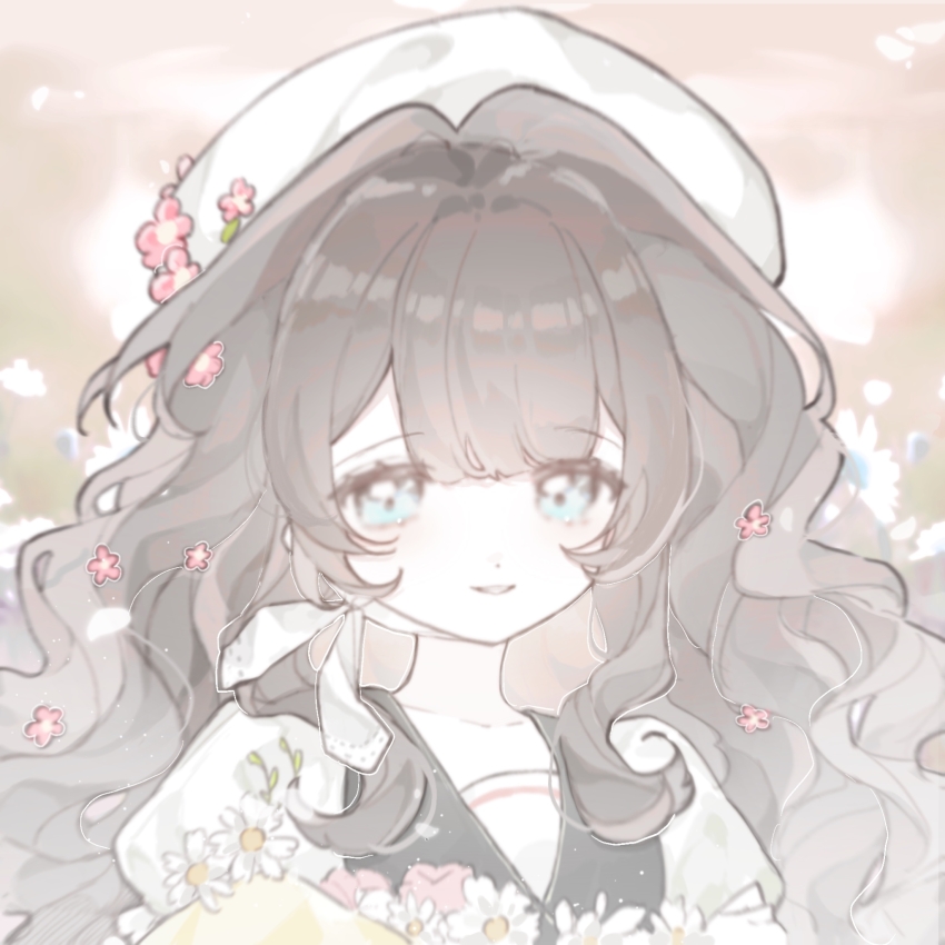 1girl, aa_huaju_pifa_ma_zong, beret, black_vest, blue_eyes, bouquet, brown_hair, chinstrap