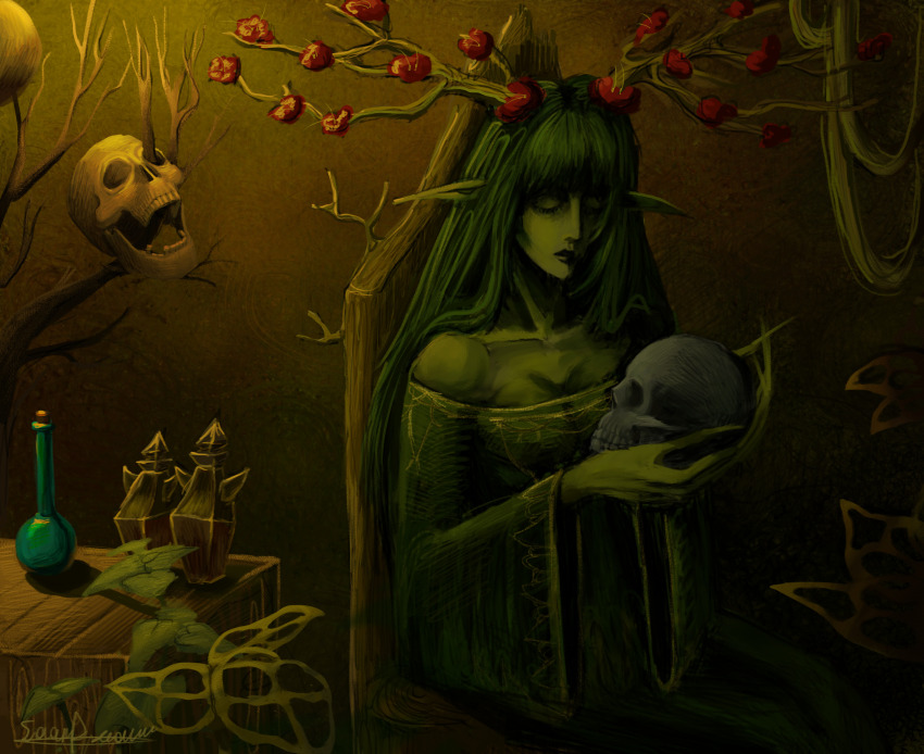 1girl, absurdres, antlers, bare_shoulders, bare_tree, breasts, chair, closed_eyes, closed_mouth, collarbone, colored_skin, commentary, deer_antlers, dress, english_commentary, feet_out_of_frame, flower, green_dress, green_hair, green_nails, green_skin, highres, holding, holding_skull, horn_flower, horns, indoors, lips, long_hair, long_pointy_ears, lunacid, nose, on_chair, patchouli_(lunacid), pointy_ears, red_flower, saamdream777, signature, sitting, skull, small_breasts, solo, textless_version, tree, very_long_fingernails, wide_sleeves