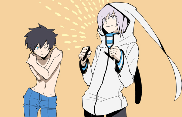 2boys, akiyoshi_nozomu, black_hair, blue_eyes, cosplay, costume_switch, covering_privates, devil_survivor_(series)