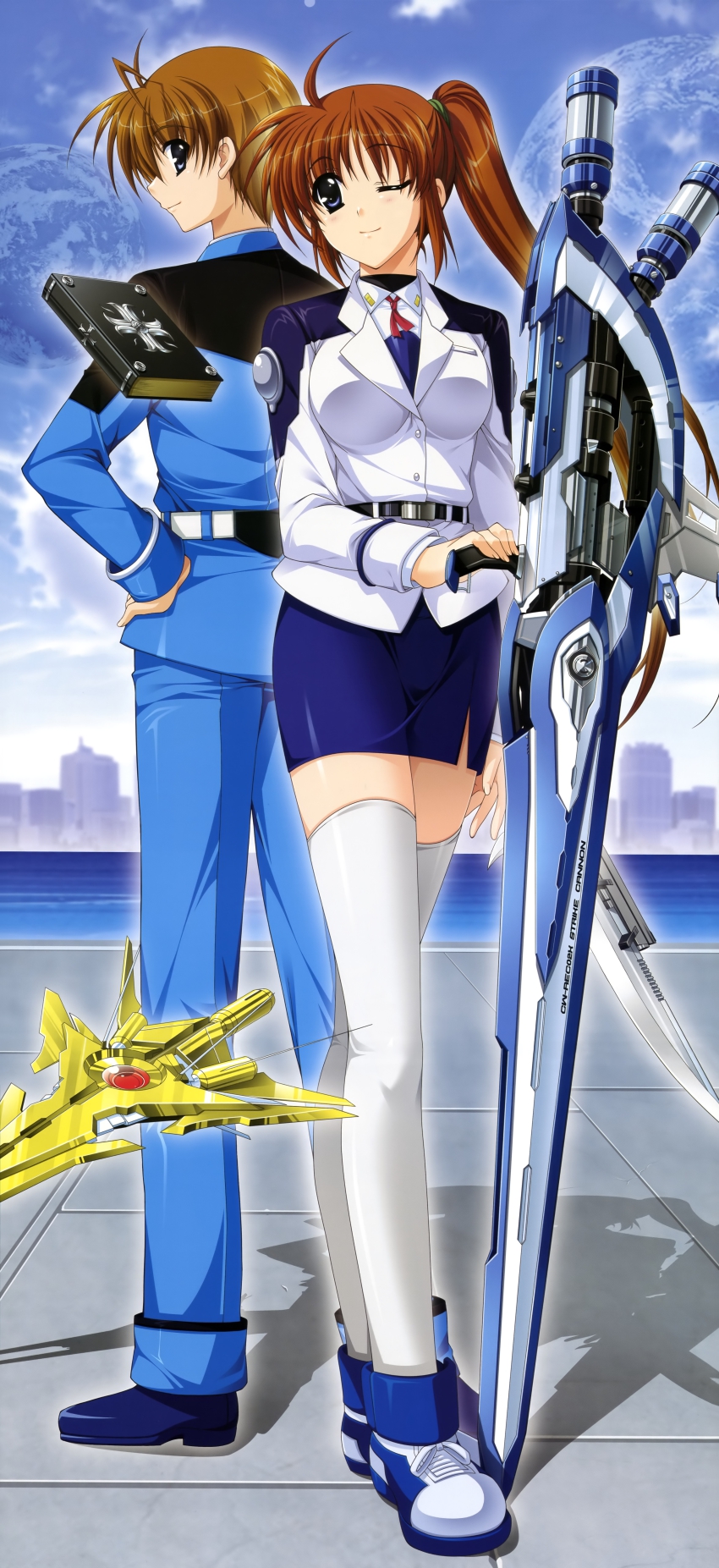00s, 1boy, 1girl, absurdres, ahoge, back-to-back, bible_of_silver_cross, book, brown_hair, city, day, ec_divider_code-996, hand_on_own_hip, higa_yukari, highres, hip_focus, legs, long_hair, long_image, long_legs, looking_back, lyrical_nanoha, mahou_senki_lyrical_nanoha_force, mahou_shoujo_lyrical_nanoha, mahou_shoujo_lyrical_nanoha_strikers, military, military_uniform, miniskirt, non-web_source, nyantype, official_art, one_eye_closed, pencil_skirt, planet, ponytail, purple_eyes, raising_heart, raising_heart_(standalone_flight_mode), red_hair, short_hair, side_ponytail, skirt, sky, stick_poster, strike_cannon, takamachi_nanoha, tall_image, thighhighs, thighs, thoma_avenir, very_long_hair, water, weapon, white_thighhighs, wink, zettai_ryouiki