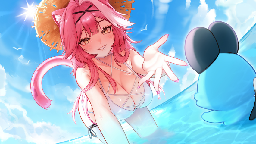 1girl, absurdres, animal_ear_fluff, animal_ears, bent_over, bikini, blue_sky, blush, breasts, center-flap_bangs, chattino_(raora_panthera), cloud, cloudy_sky, criss-cross_halter, day, double-parted_bangs, dxnyana, grin, halterneck, hat, highres, hololive, hololive_english, horizon, large_breasts, long_hair, looking_at_animal, looking_at_viewer, multi-strapped_bikini_top, multicolored_hair, nail_polish, ocean, offering_hand_to_another, outdoors, outstretched_arm, panther_ears, panther_girl, panther_tail, pink_hair, pink_nails, pink_tail, raora_panthera, simple_bird, sky, smile, solo, standing, straw_hat, sun, sun_hat, swimsuit, tail, twitter_username, two-tone_hair, very_long_fingernails, very_long_hair, virtual_youtuber, wading, water, water_drop, wet, white_bikini, white_hair, yellow_eyes