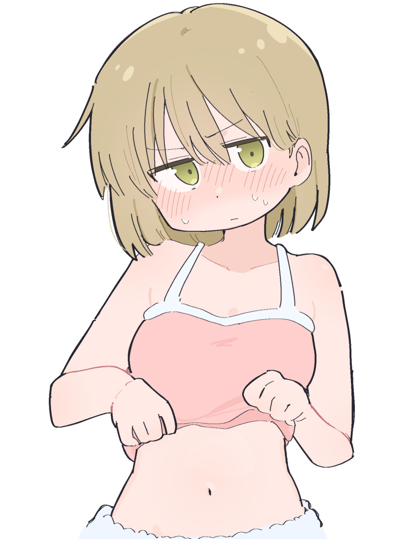 1girl, niikura_(city), bare_shoulders, blonde_hair, blush, breasts, camisole, camisole_lift, city_(arawi_keiichi), closed_mouth, clothes_lift, collarbone, dot_nose, green_eyes, highres, jitome, lifting_own_clothes, looking_at_viewer, medium_breasts, midriff, navel, pink_camisole, short_hair, shorts, simple_background, solo, sweat, upper_body, white_background, white_shorts, wichimi
