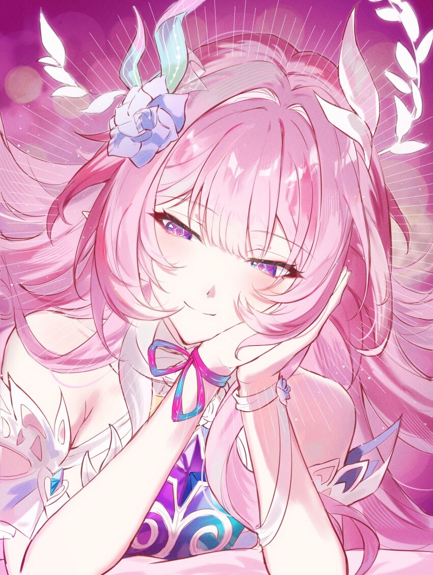 1girl, absurdres, bare_shoulders, breasts, cyrene_(honkai:_star_rail), cyrene_(demiurge)_(honkai:_star_rail), diamond-shaped_pupils, diamond_(shape), dress, flower, hair_flower, hair_ornament, halo, hand_on_own_cheek, hand_on_own_face, hashtag-only_commentary, highres, honkai:_star_rail, honkai_(series), kinoerou, large_breasts, pink_background, pink_hair, pointy_ears, purple_eyes, smile, solo, symbol-shaped_pupils, upper_body, white_dress