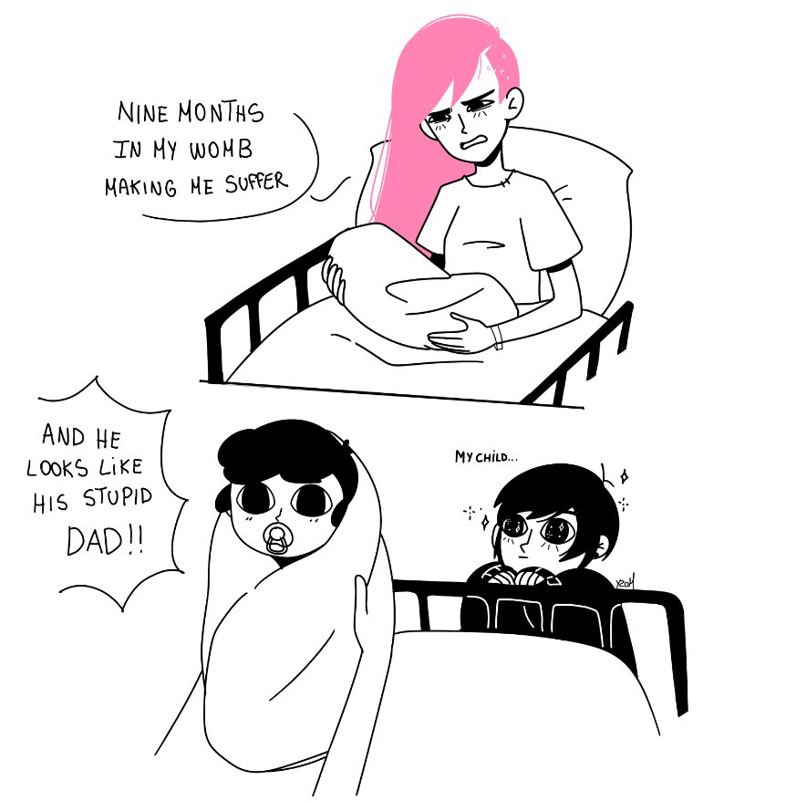 1girl, 2boys, and_he_looks_like_his_stupid_dad_(meme), aubrey_(omori), baby, bed, black_eyes, black_hair