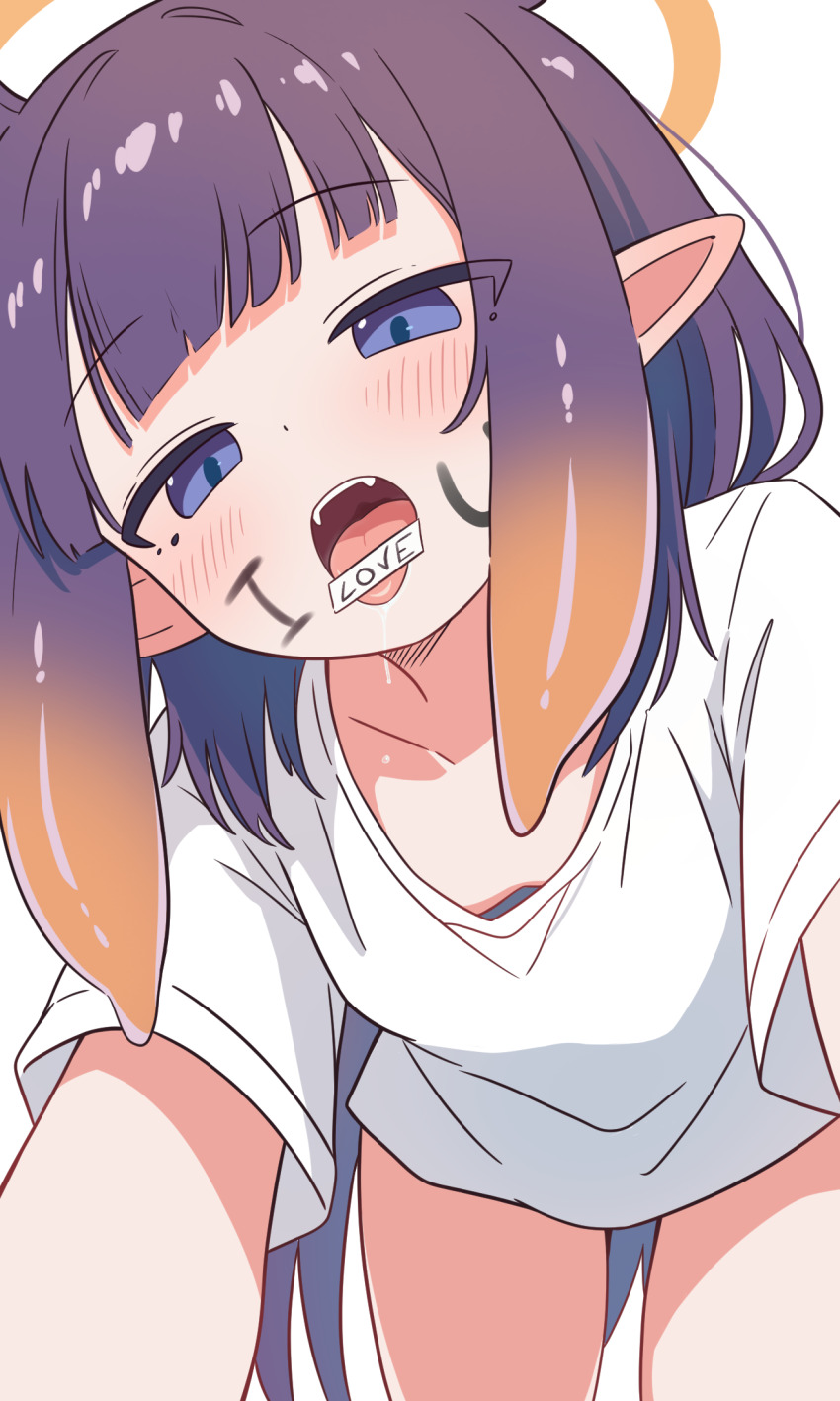 1girl, all_fours, blunt_bangs, blush, collarbone, elf, fangs, flat_chest