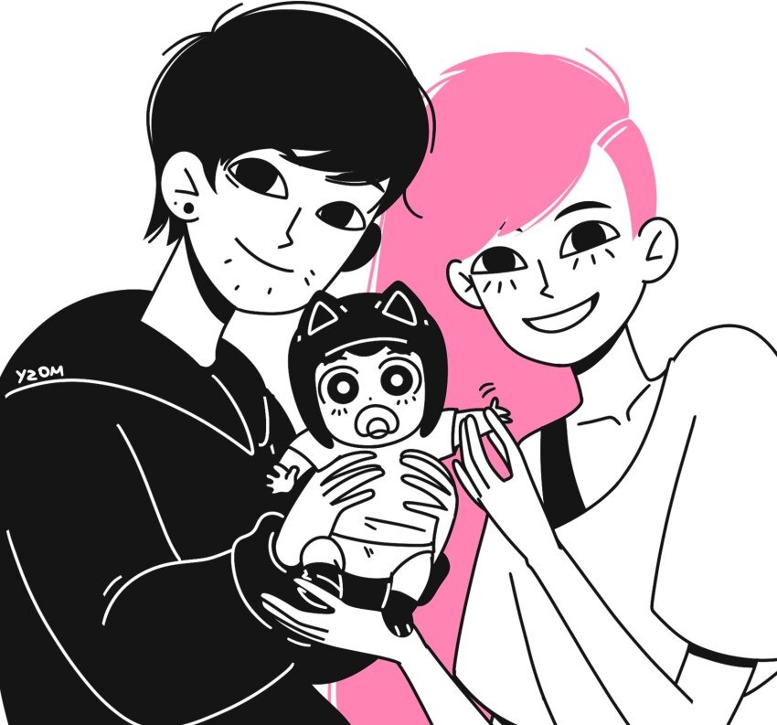 1boy, 1girl, aubrey_(omori), baby, black_eyes, black_hair, blush, dress