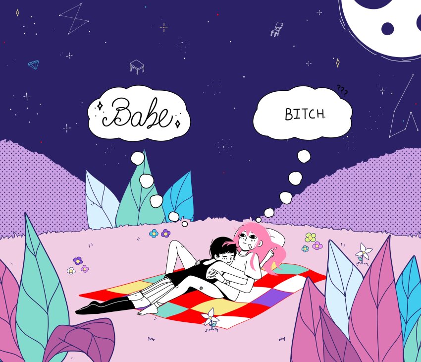 1boy, 1girl, absurdres, black_eyes, black_hair, blush, dress, english_text