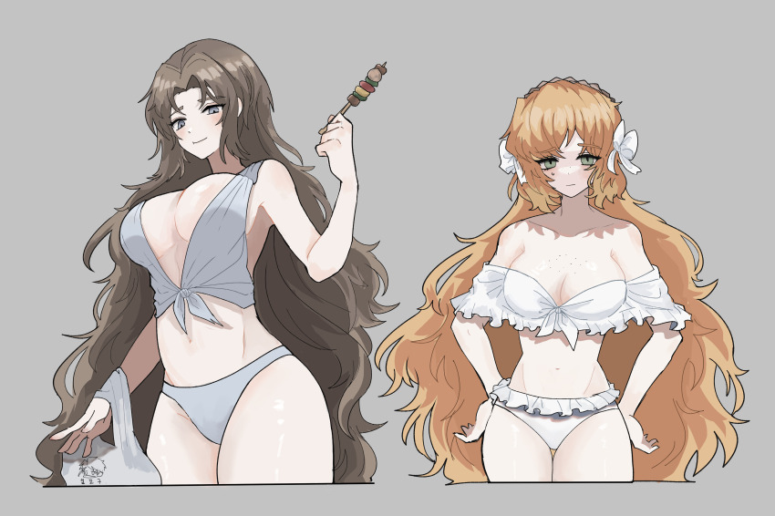 2girls, absurdres, armpit_crease, armpits, bag, bikini, body_freckles, breast_freckles, breasts, chest_freckles, cleavage, eating, food, freckles, frilled_bikini, frills, front-tie_bikini_top, front-tie_top, green_eyes, grey_background, grey_bikini, grey_eyes, headband, highres, holding, holding_food, holding_skewer, hubestjoa, ishmael_(project_moon), knees_out_of_frame, large_breasts, limbus_company, long_hair, looking_at_viewer, looking_down, medium_breasts, multiple_girls, orange_hair, project_moon, rodion_(project_moon), skewer, swimsuit, tall_female, thighs, very_long_hair