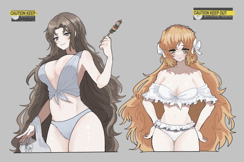 2girls, armpit_crease, armpits, bag, bikini, body_freckles, breast_freckles, breasts, chest_freckles, cleavage, eating, food, freckles, frilled_bikini, frills, front-tie_bikini_top, front-tie_top, green_eyes, grey_background, grey_bikini, grey_eyes, headband, highres, holding, holding_food, holding_skewer, hubestjoa, ishmael_(project_moon), knees_out_of_frame, korean_text, large_breasts, limbus_company, long_hair, looking_at_viewer, looking_down, medium_breasts, multiple_girls, orange_hair, project_moon, rodion_(project_moon), skewer, swimsuit, tall_female, thighs, very_long_hair
