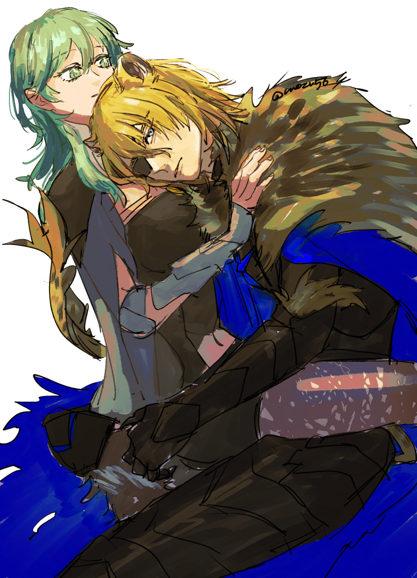 1boy, 1girl, animal_ears, armor, ass, black_armor, blonde_hair, blue_cape