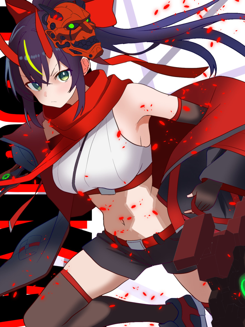 1girl, armpits, belt, belt_buckle, bow, breasts, buckle, crop_top