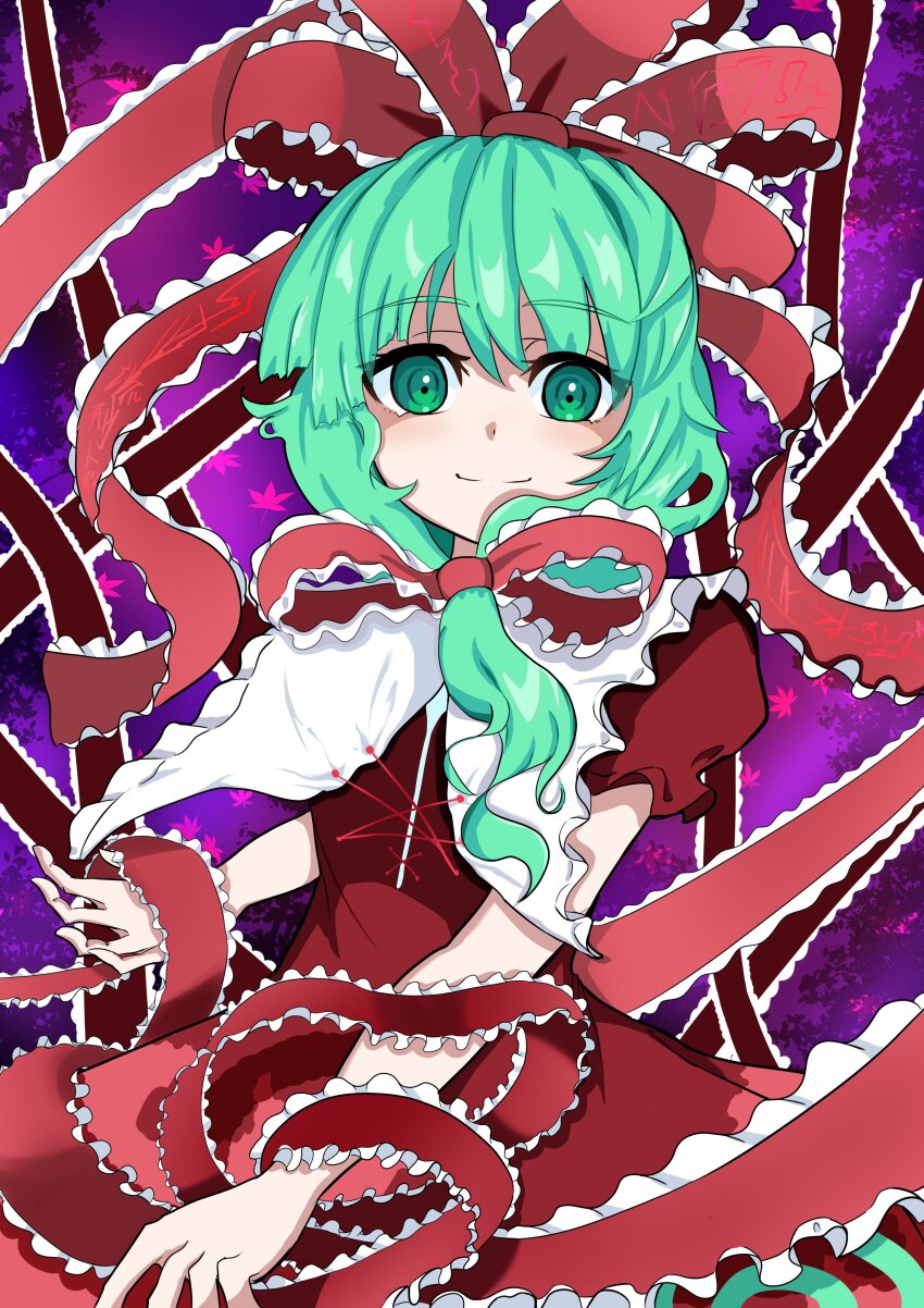 1girl, absurdres, arm_ribbon, bow, dress, front_ponytail, green_eyes, green_hair