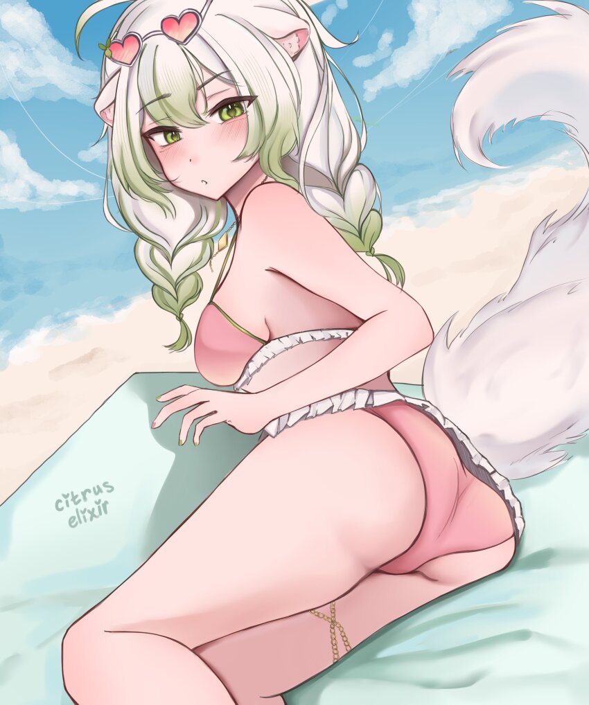 1girl, absurdres, ahoge, animal_ears, ass, ass_focus, beach, bikini